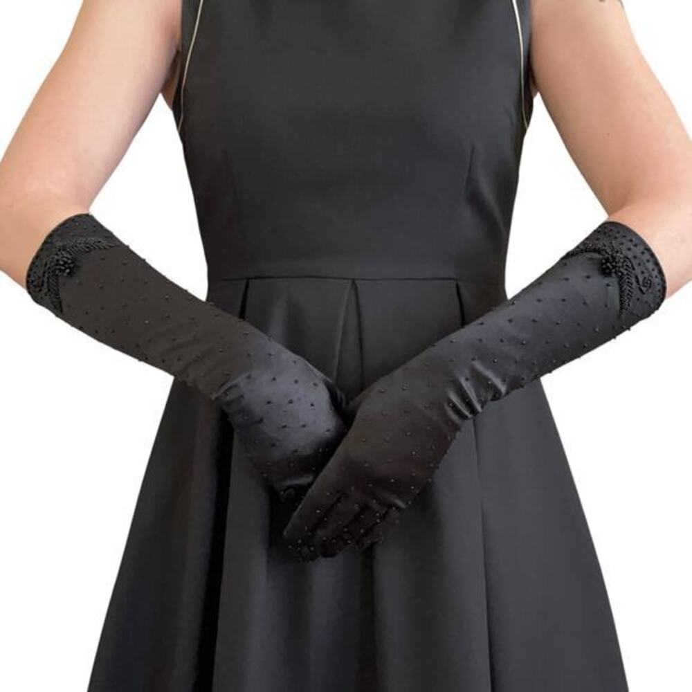 Vintage Beaded Black Satin Upper Forearm Long Formal Evening Gloves Size S/M